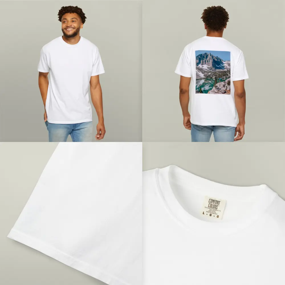 Hiker Standing by Alpine Lake Mountain – T-Shirts