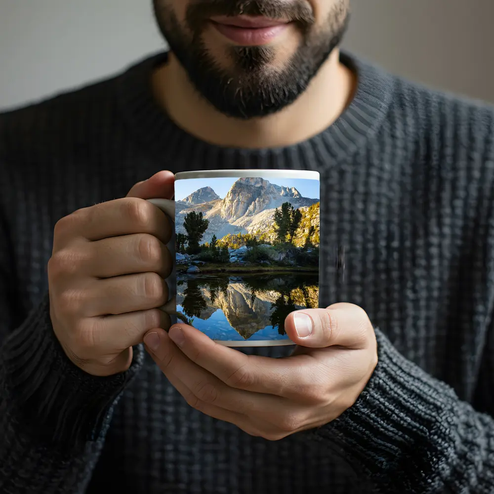Mountain Peak Reflected in Alpine Lake – Mugs