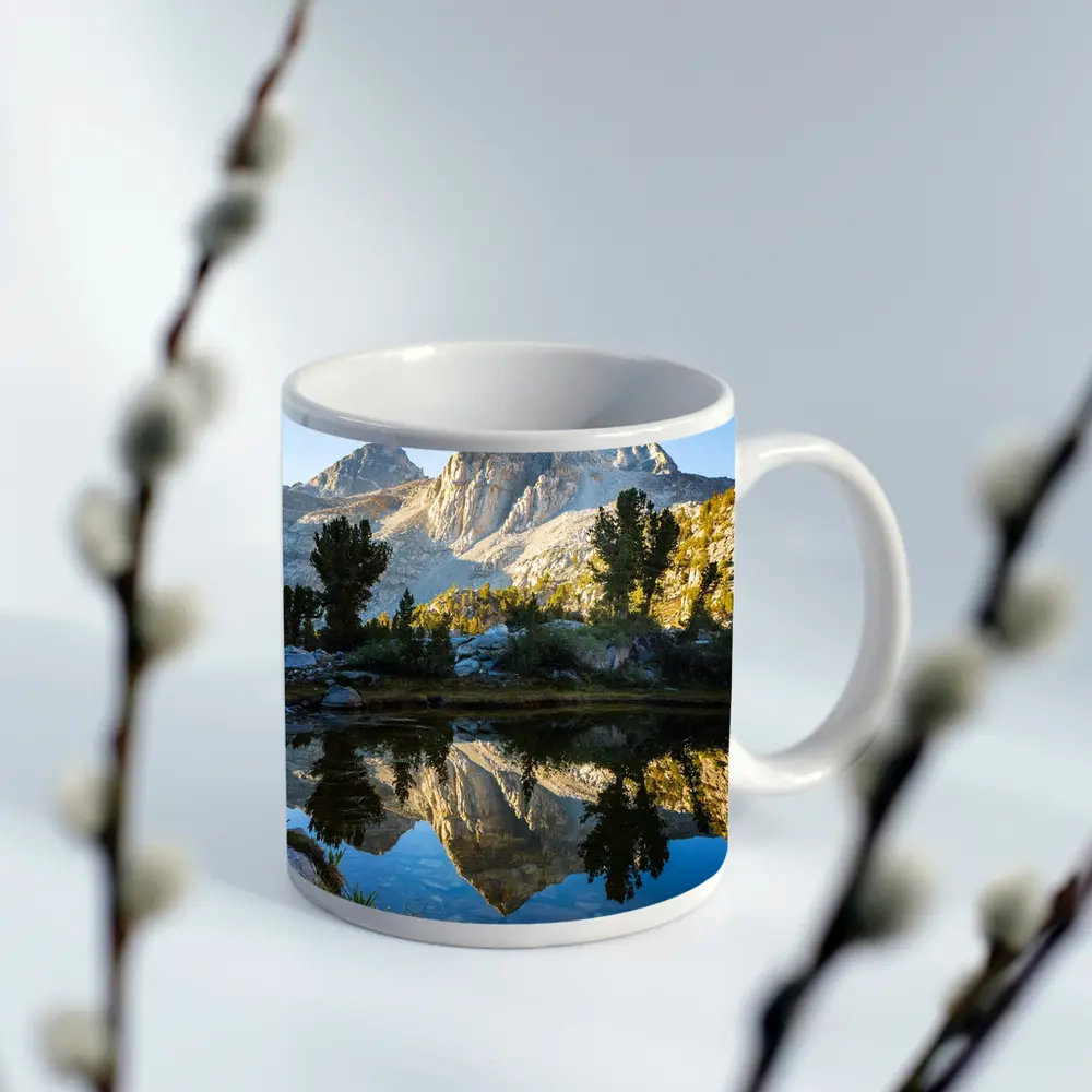 Mountain Peak Reflected in Alpine Lake – Mugs