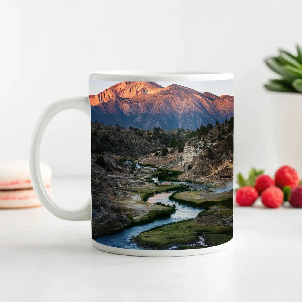 Winding River Valley Mountain Sunrise Landscape – Mugs