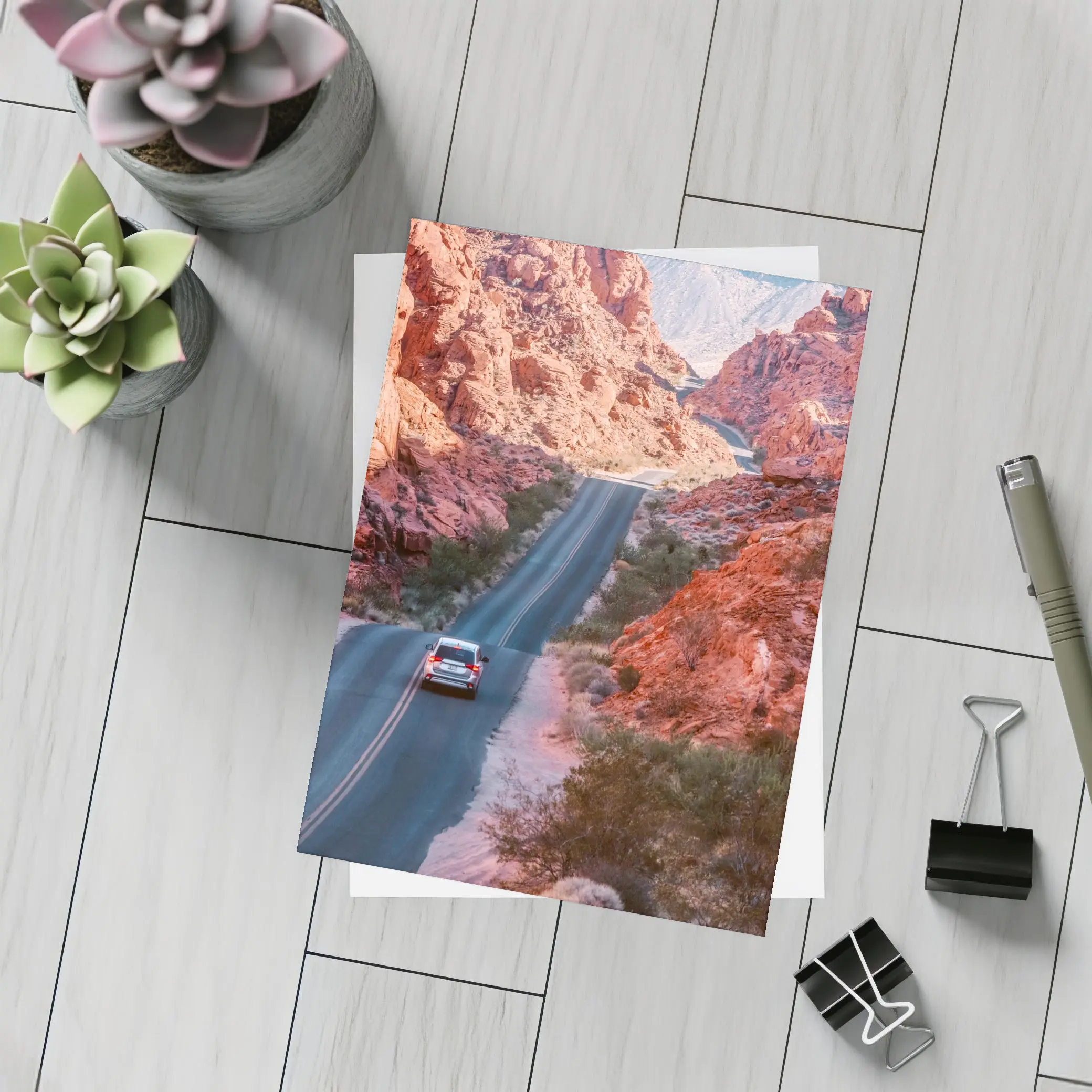 SUV Driving Through Red Rock Canyon Road – Postcards