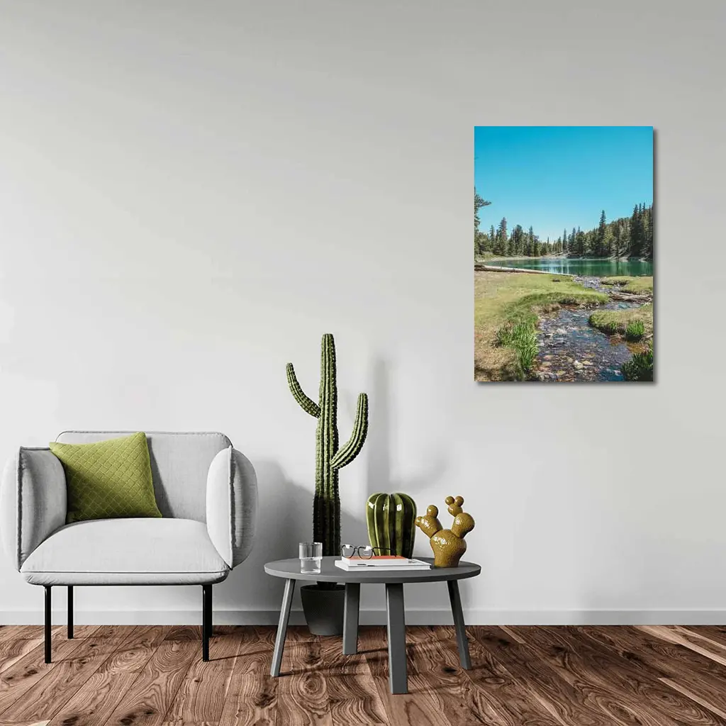 Alpine Lake Stream Pine Forest Clear Sky – Wall Art