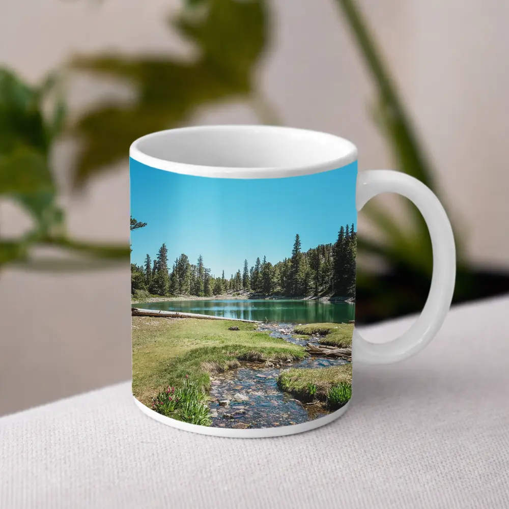 Alpine Lake Stream Pine Forest Clear Sky – Mugs