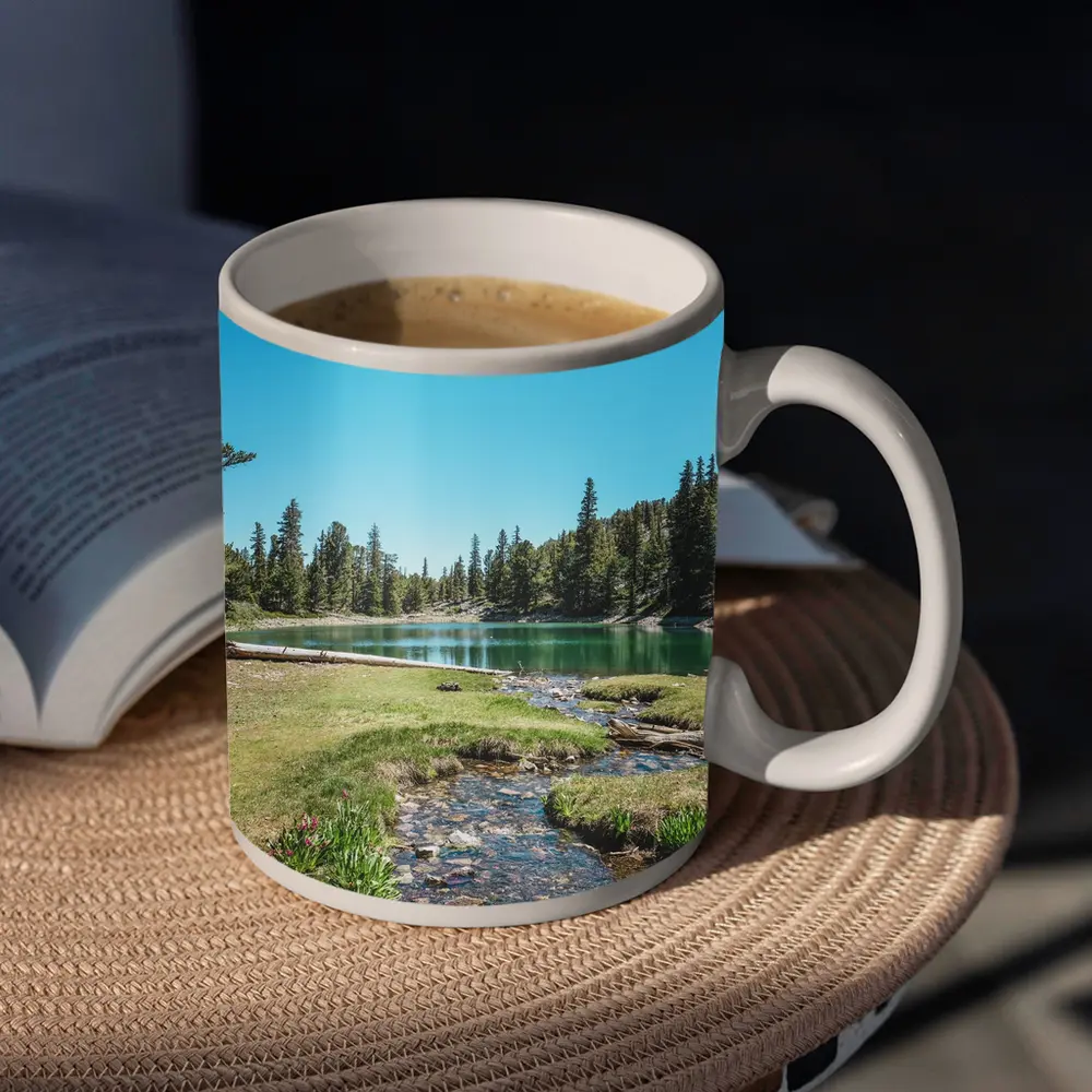 Alpine Lake Stream Pine Forest Clear Sky – Mugs