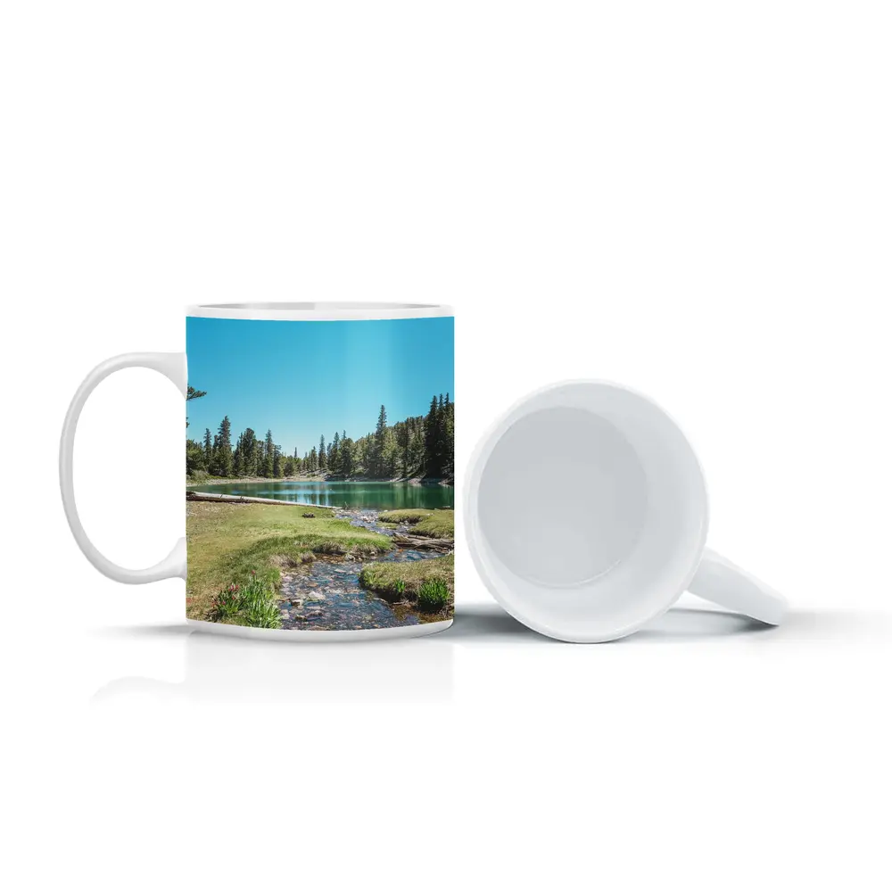 Alpine Lake Stream Pine Forest Clear Sky – Mugs
