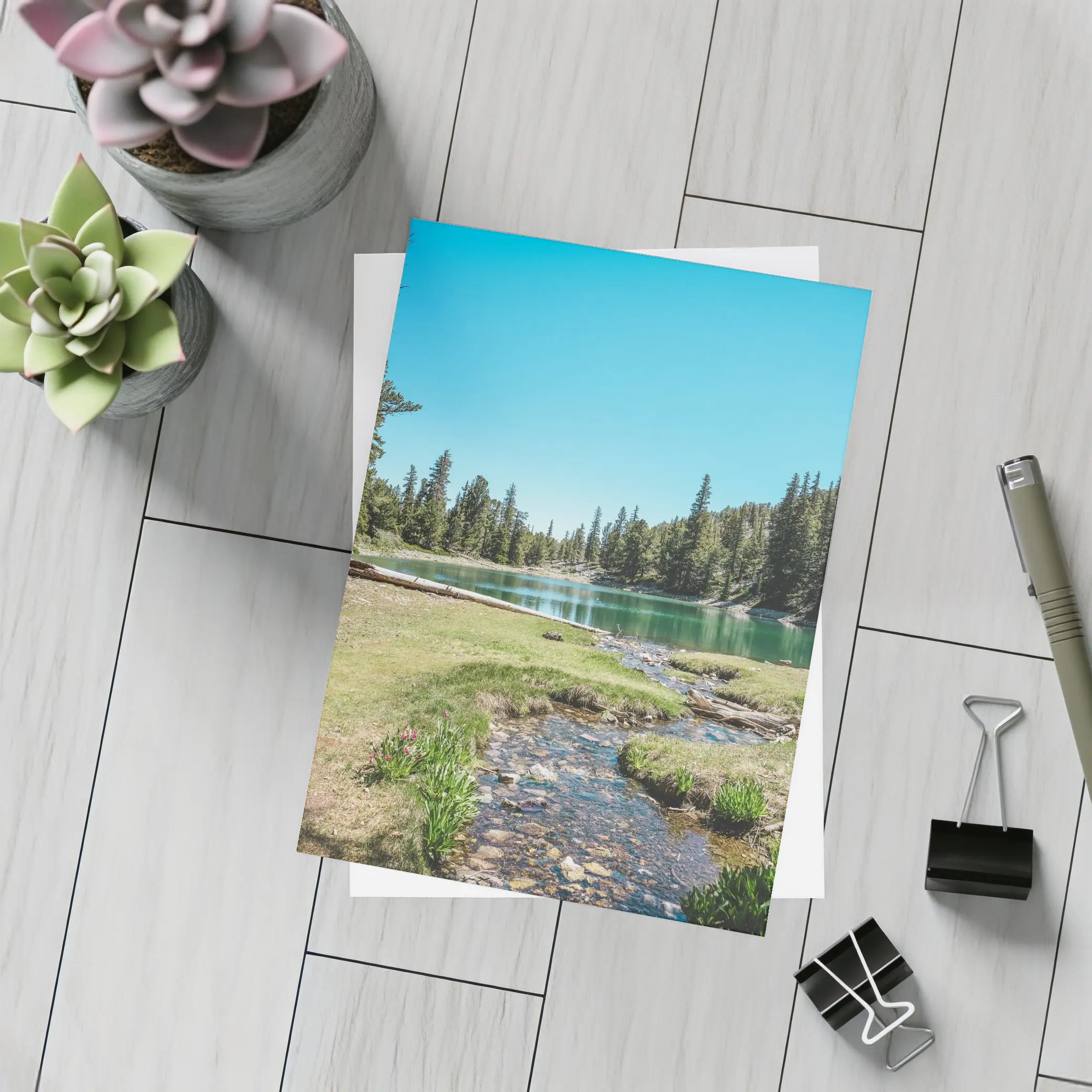 Alpine Lake Stream Pine Forest Clear Sky – Postcards