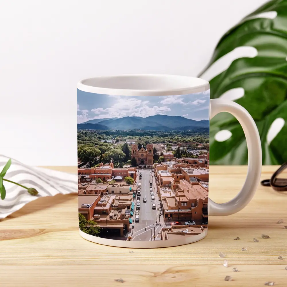Santa Fe Cathedral Aerial View Mountains – Mugs