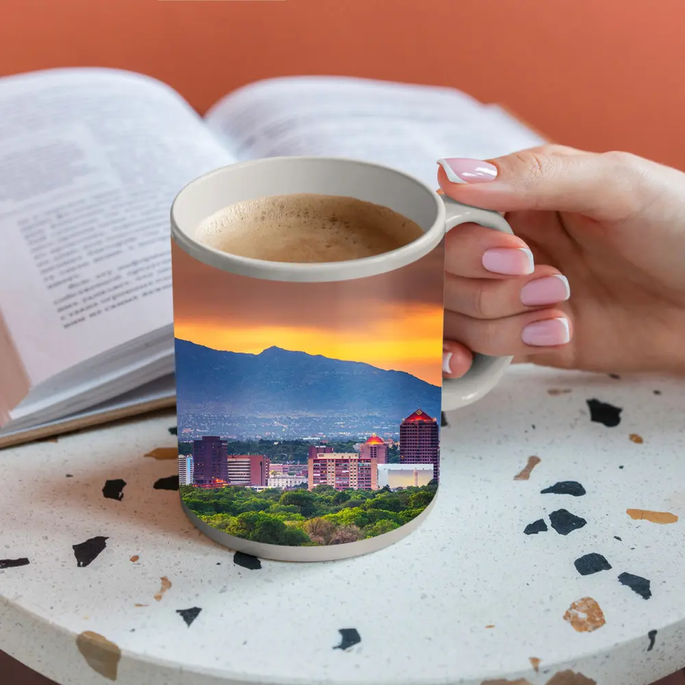 Albuquerque Skyline Sunset Mountain Background – Mugs