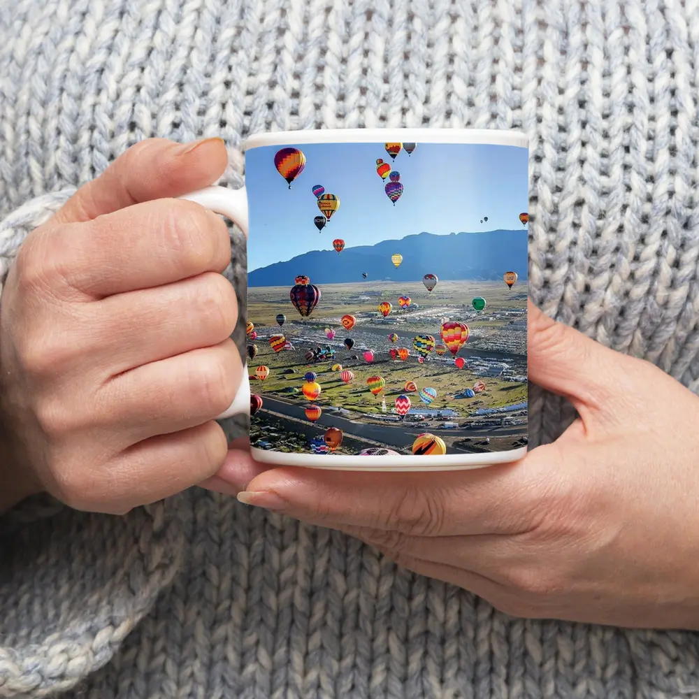 Hot Air Balloons Over Desert Mountain Landscape – Mugs