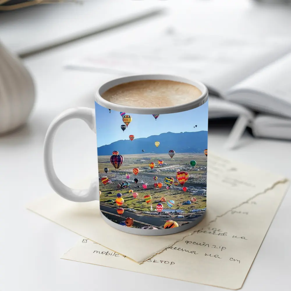 Hot Air Balloons Over Desert Mountain Landscape – Mugs