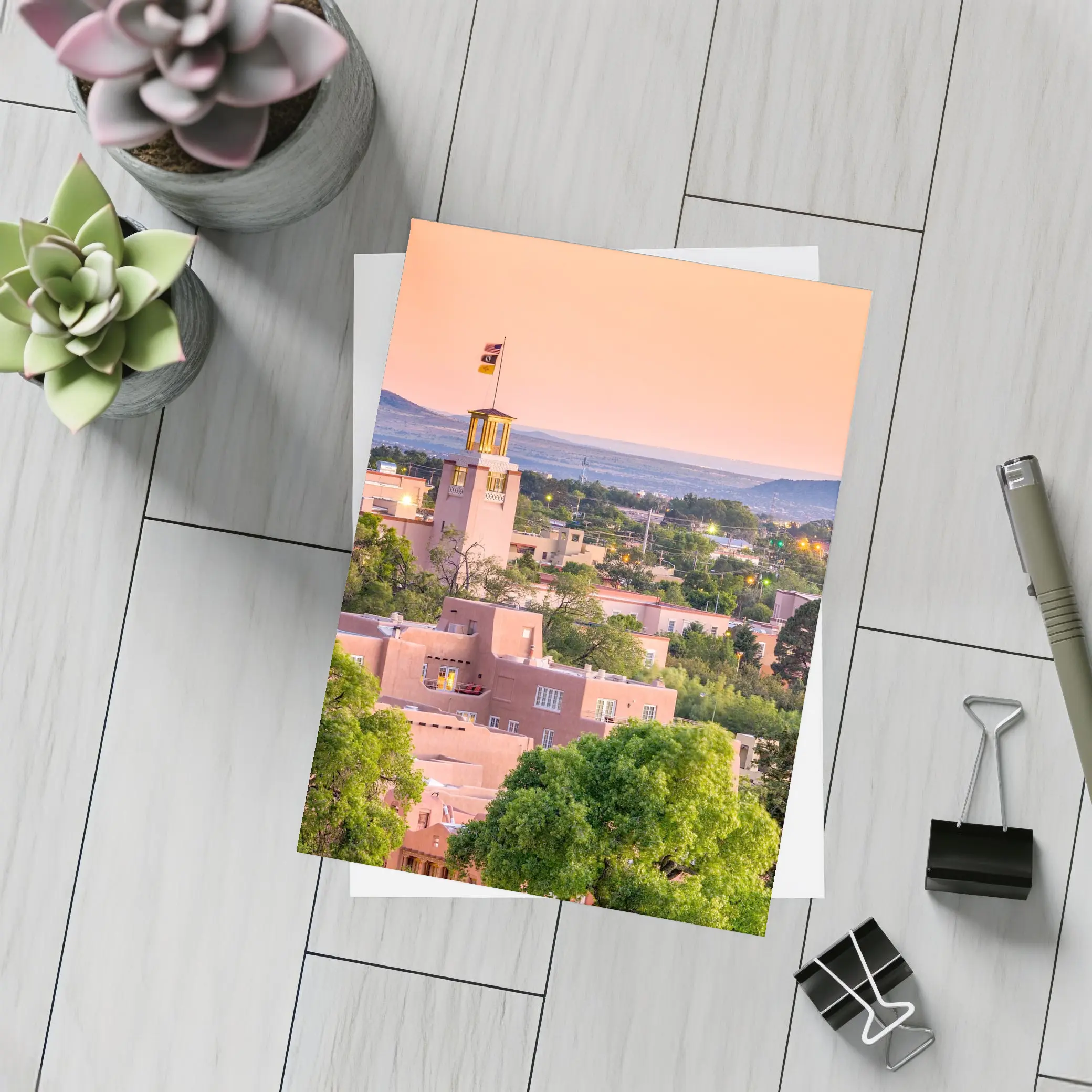 Santa Fe Adobe Buildings Sunset Sky View – Postcards