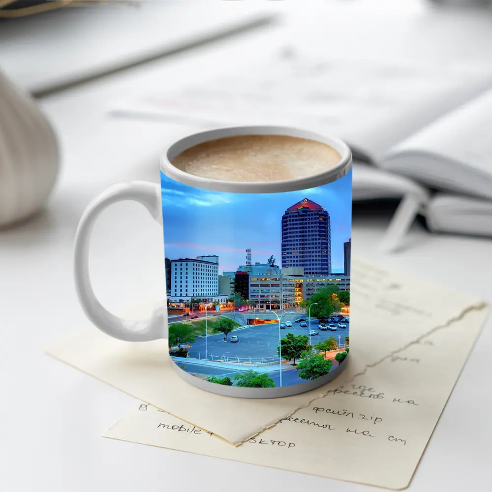 Albuquerque Downtown Skyline at Blue Dusk – Mugs