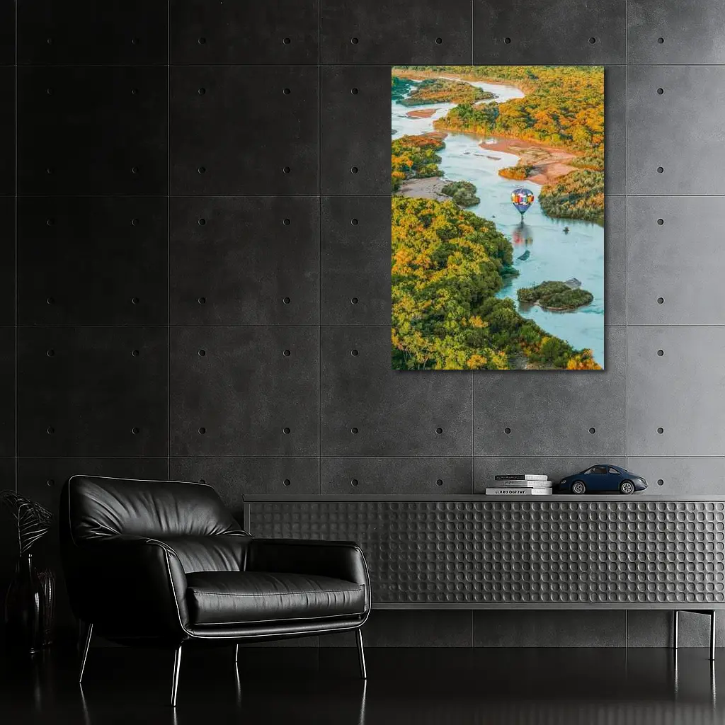 Hot Air Balloon Over Autumn River Landscape – Wall Art