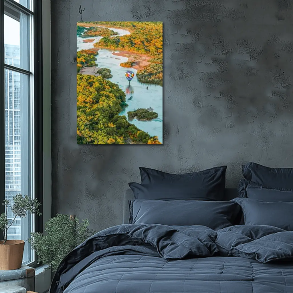 Hot Air Balloon Over Autumn River Landscape – Wall Art