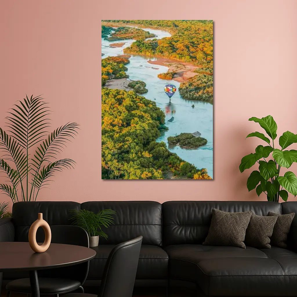 Hot Air Balloon Over Autumn River Landscape – Wall Art
