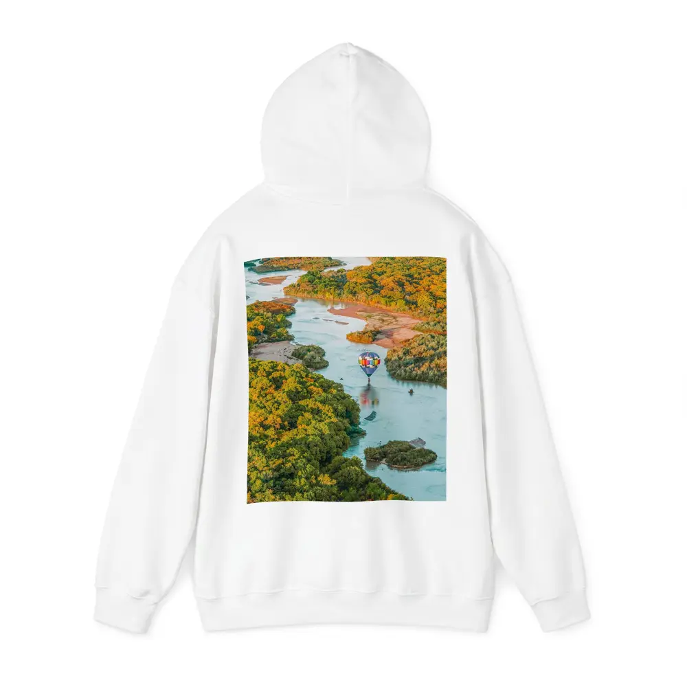Hot Air Balloon Over Autumn River Landscape – Hoodies