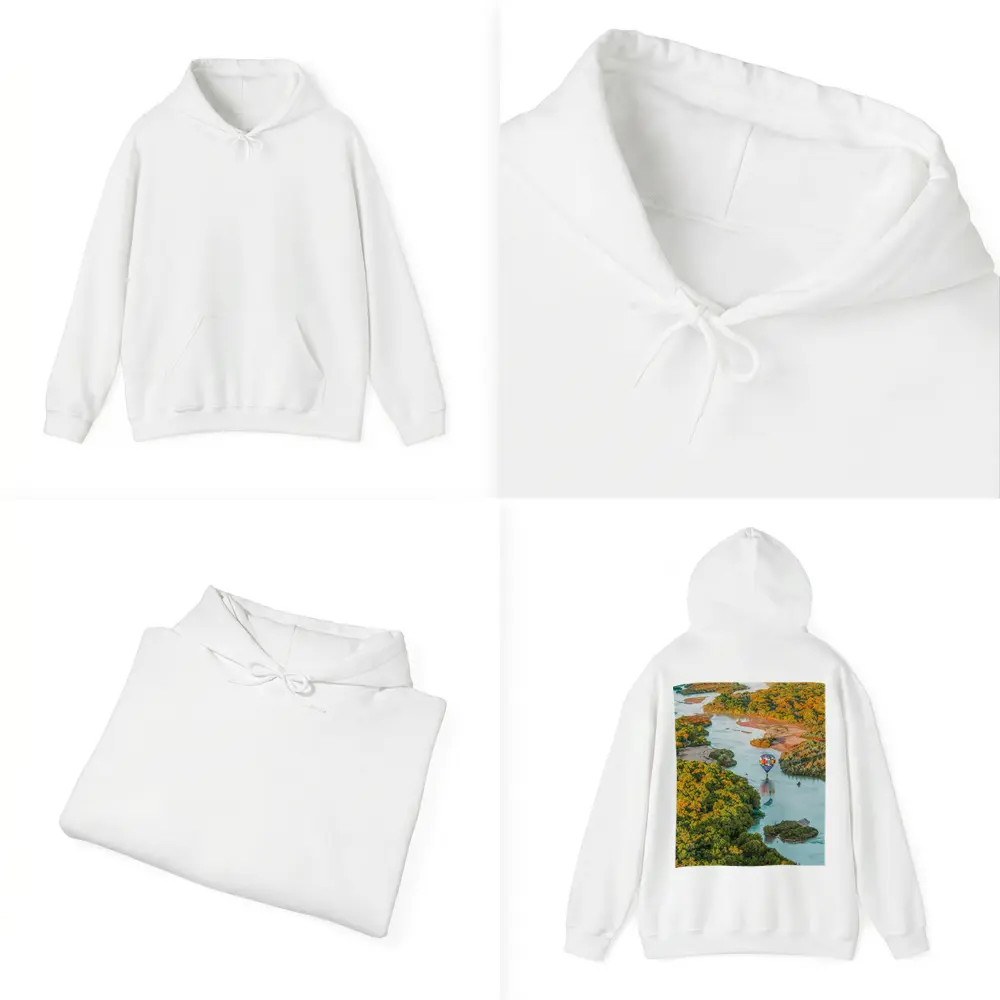 Hot Air Balloon Over Autumn River Landscape – Hoodies