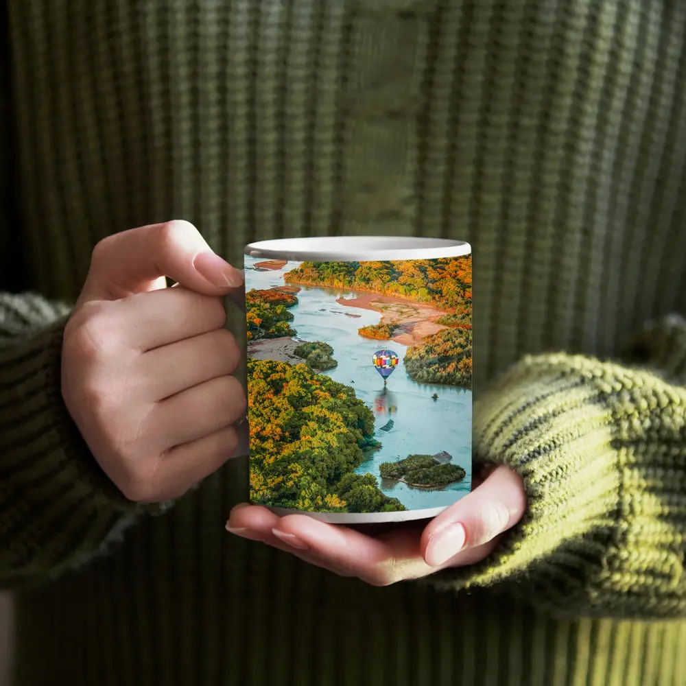 Hot Air Balloon Over Autumn River Landscape – Mugs