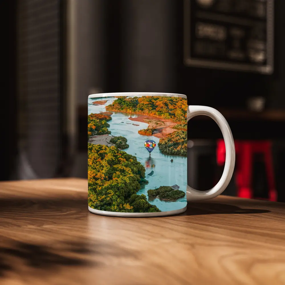 Hot Air Balloon Over Autumn River Landscape – Mugs