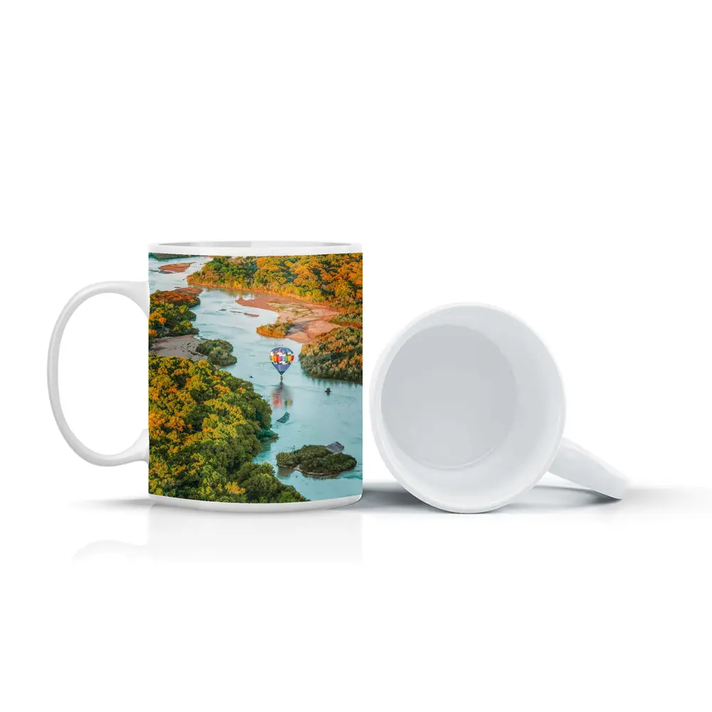 Hot Air Balloon Over Autumn River Landscape – Mugs