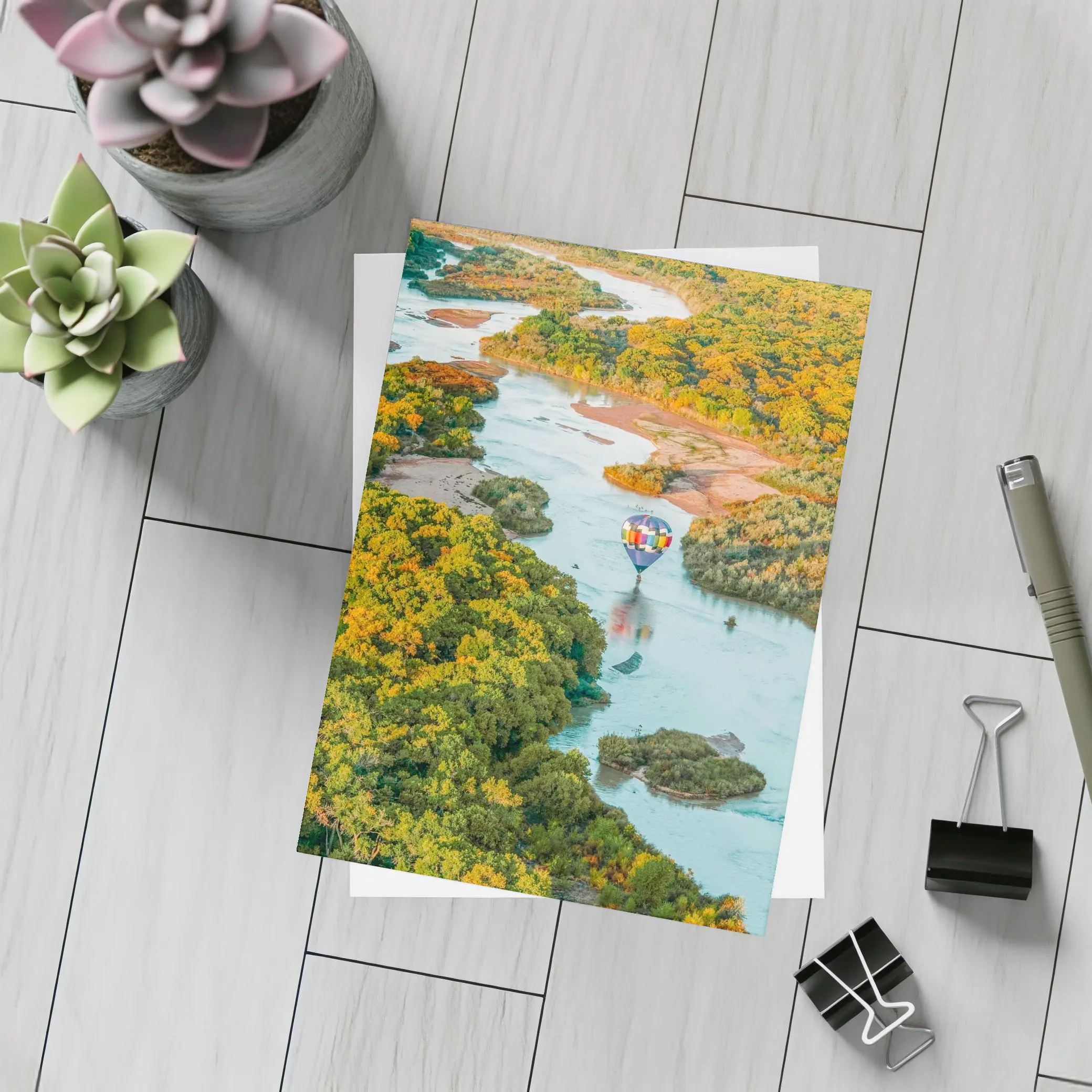 Hot Air Balloon Over Autumn River Landscape – Postcards