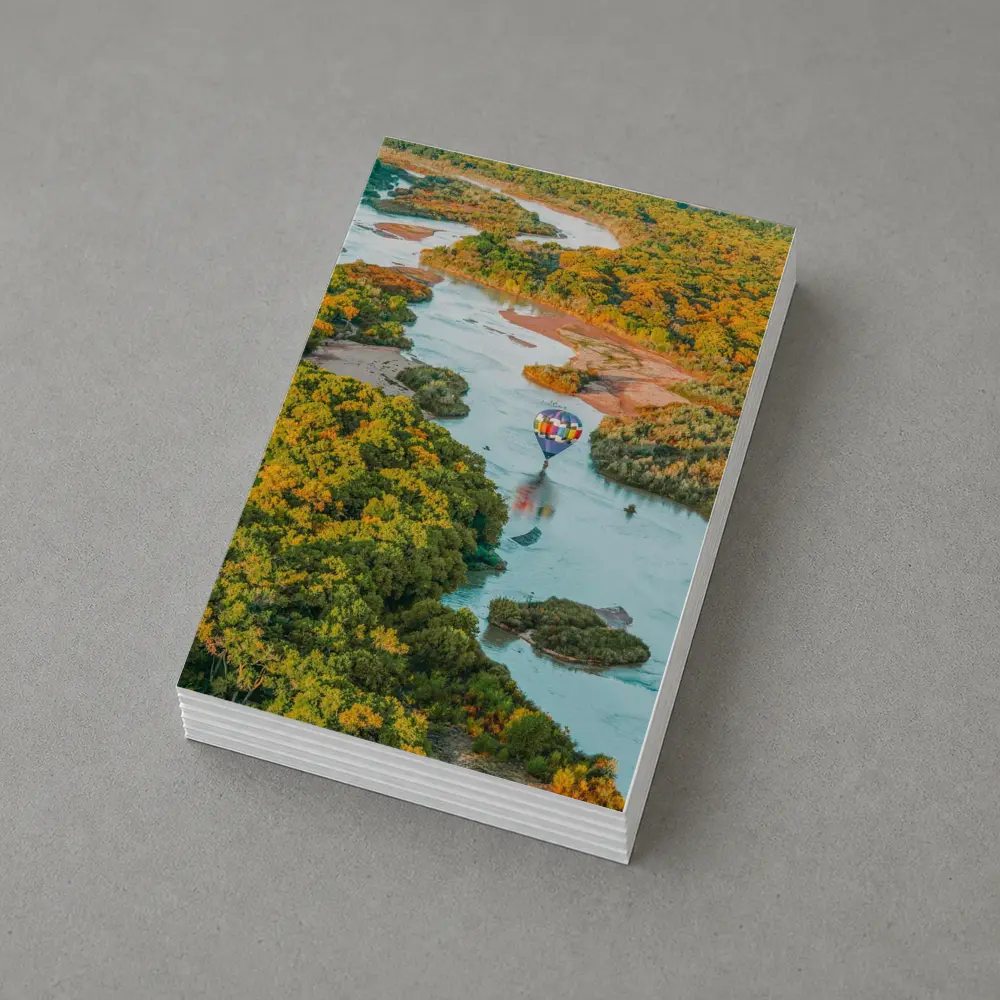 Hot Air Balloon Over Autumn River Landscape – Postcards