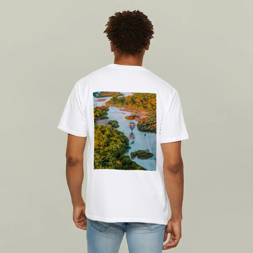 Hot Air Balloon Over Autumn River Landscape – T-Shirts