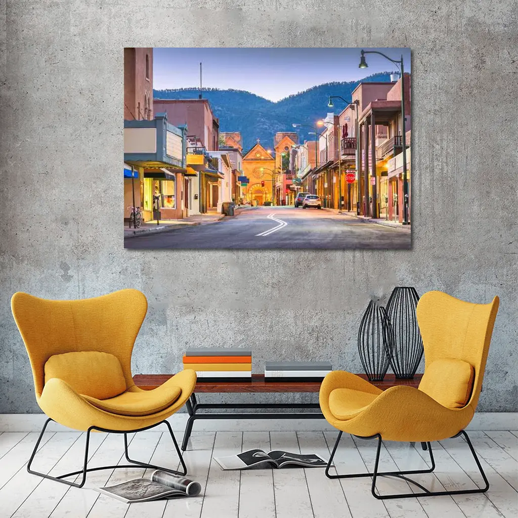 Santa Fe Downtown Street Dusk Adobe Buildings – Wall Art