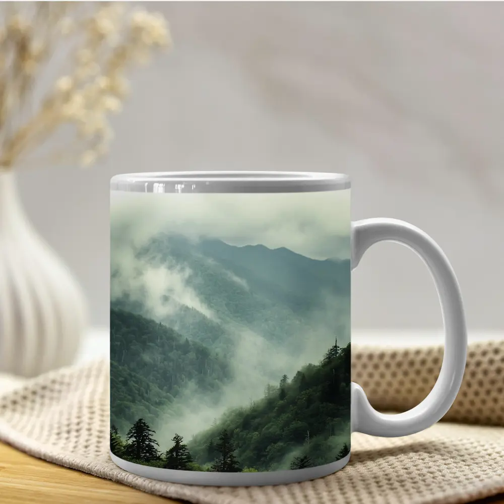 Misty Green Mountain Forest Foggy Landscape – Mugs