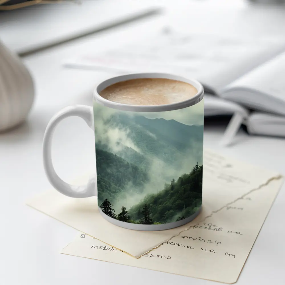 Misty Green Mountain Forest Foggy Landscape – Mugs
