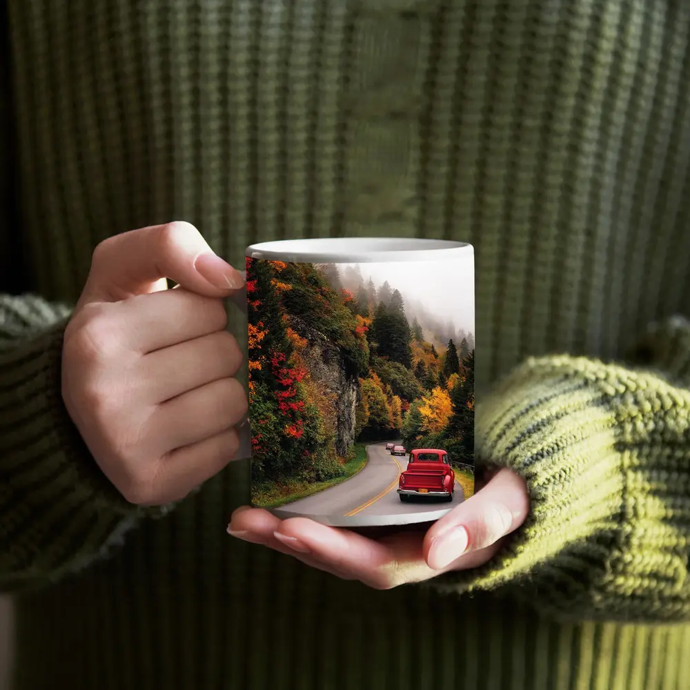 Red Classic Car Misty Autumn Mountain Road – Mugs
