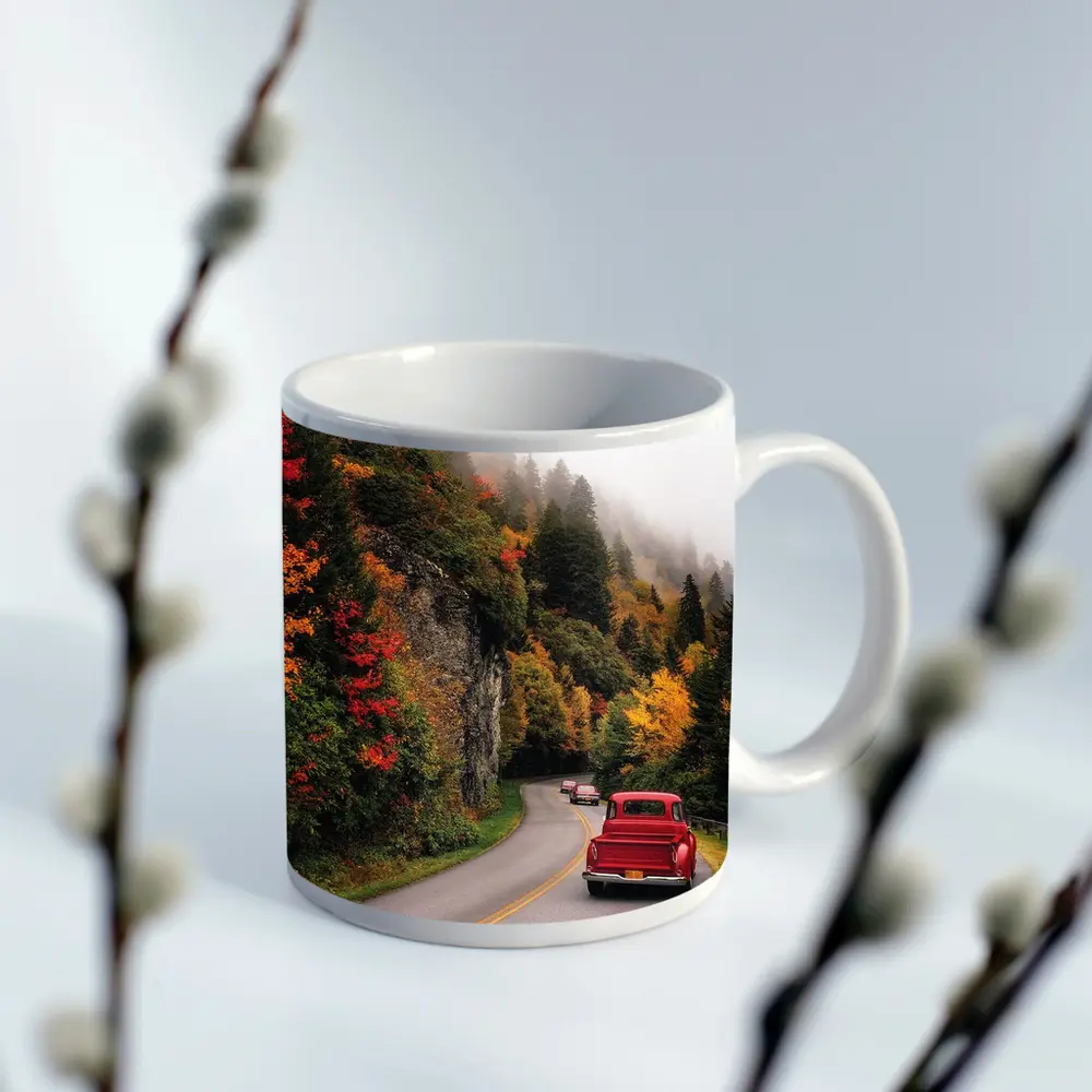 Red Classic Car Misty Autumn Mountain Road – Mugs