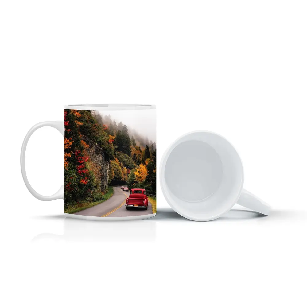 Red Classic Car Misty Autumn Mountain Road – Mugs