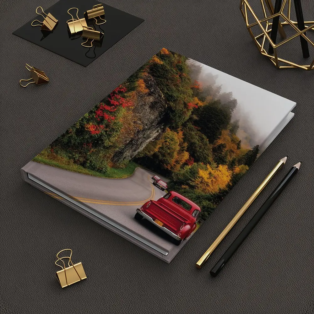 Red Classic Car Misty Autumn Mountain Road – Notebooks