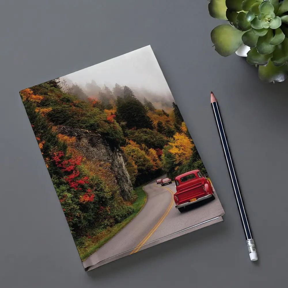 Red Classic Car Misty Autumn Mountain Road – Notebooks