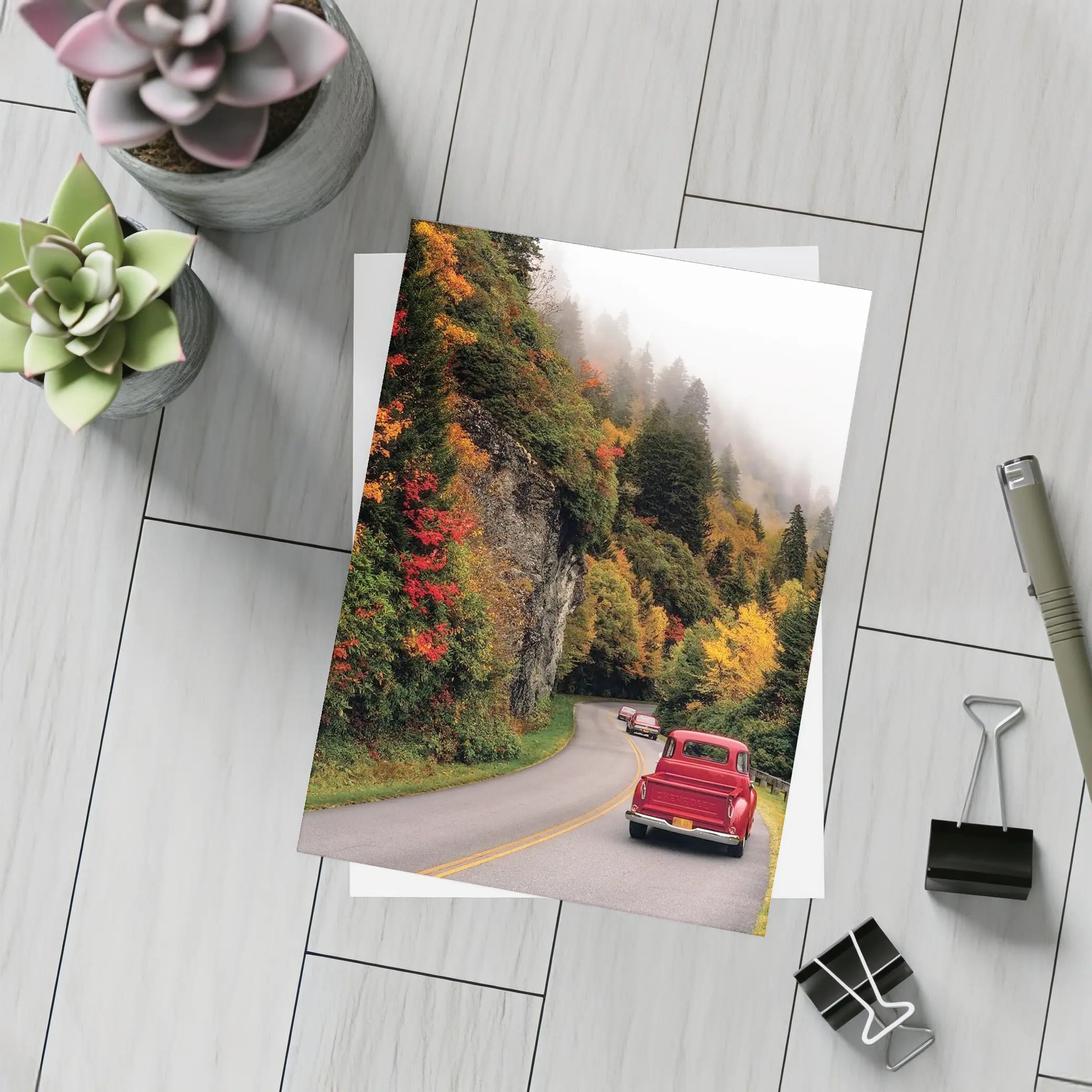 Red Classic Car Misty Autumn Mountain Road – Postcards