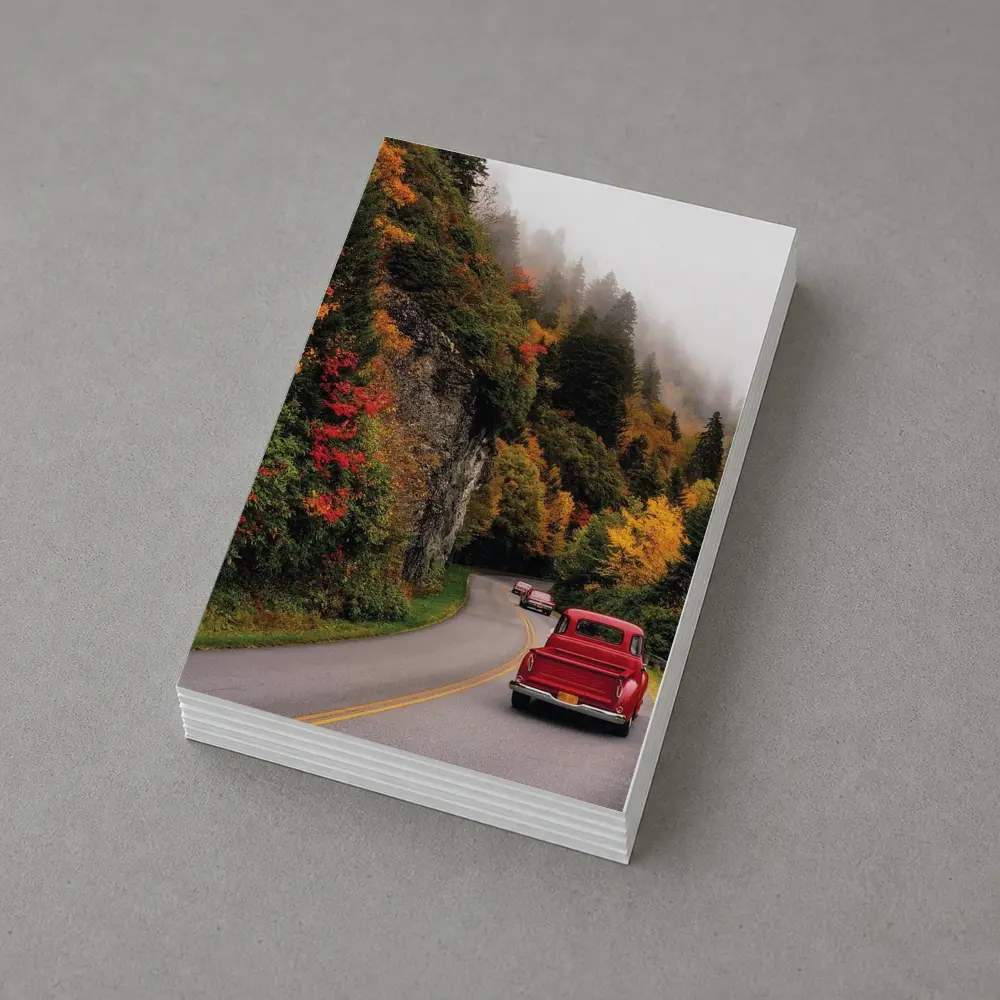 Red Classic Car Misty Autumn Mountain Road – Postcards