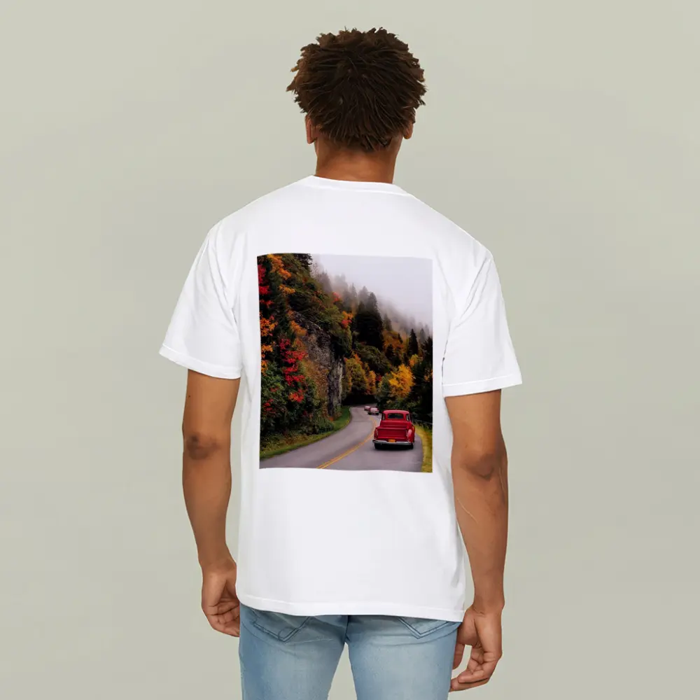 Red Classic Car Misty Autumn Mountain Road – T-Shirts
