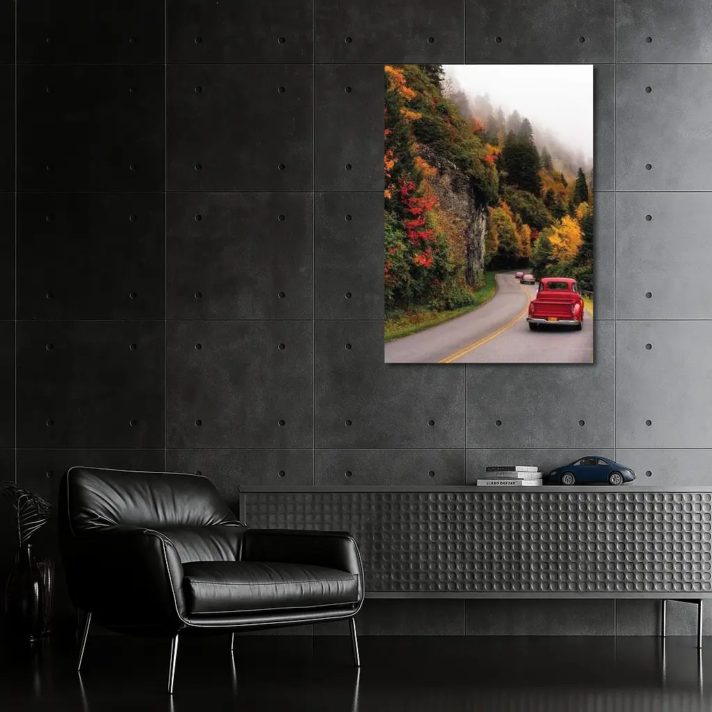 Red Classic Car Misty Autumn Mountain Road – Wall Art