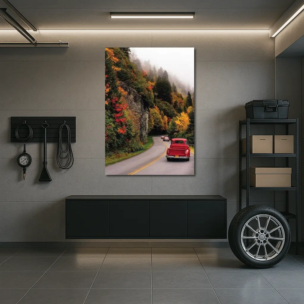 Red Classic Car Misty Autumn Mountain Road – Wall Art