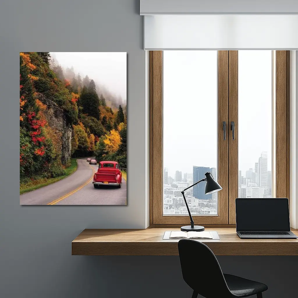 Red Classic Car Misty Autumn Mountain Road – Wall Art