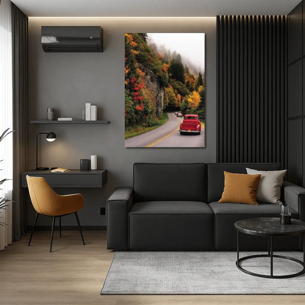 Red Classic Car Misty Autumn Mountain Road – Wall Art