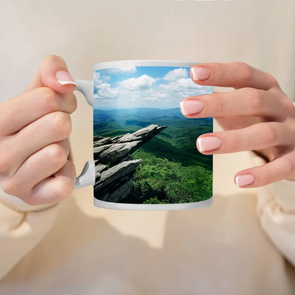 Rocky Cliff Overlooking Green Mountain Valleys – Mugs