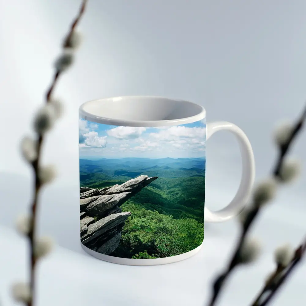 Rocky Cliff Overlooking Green Mountain Valleys – Mugs