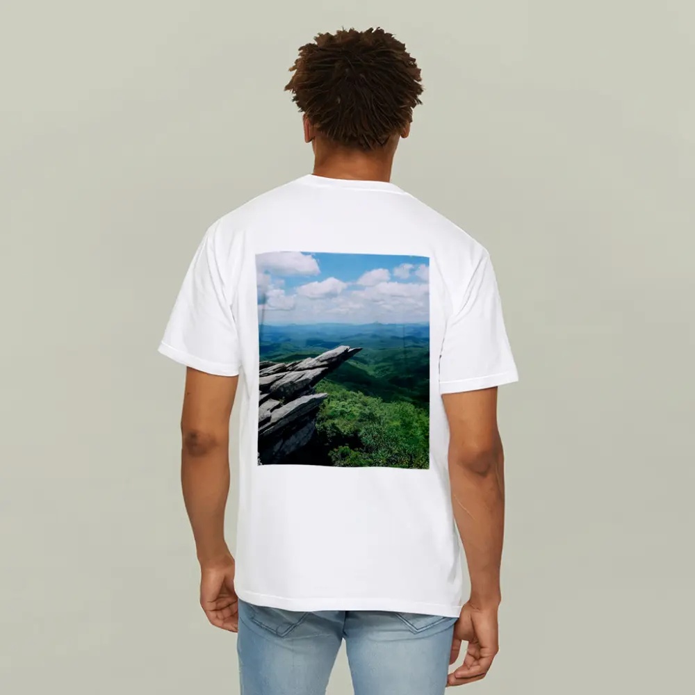 Rocky Cliff Overlooking Green Mountain Valleys – T-Shirts