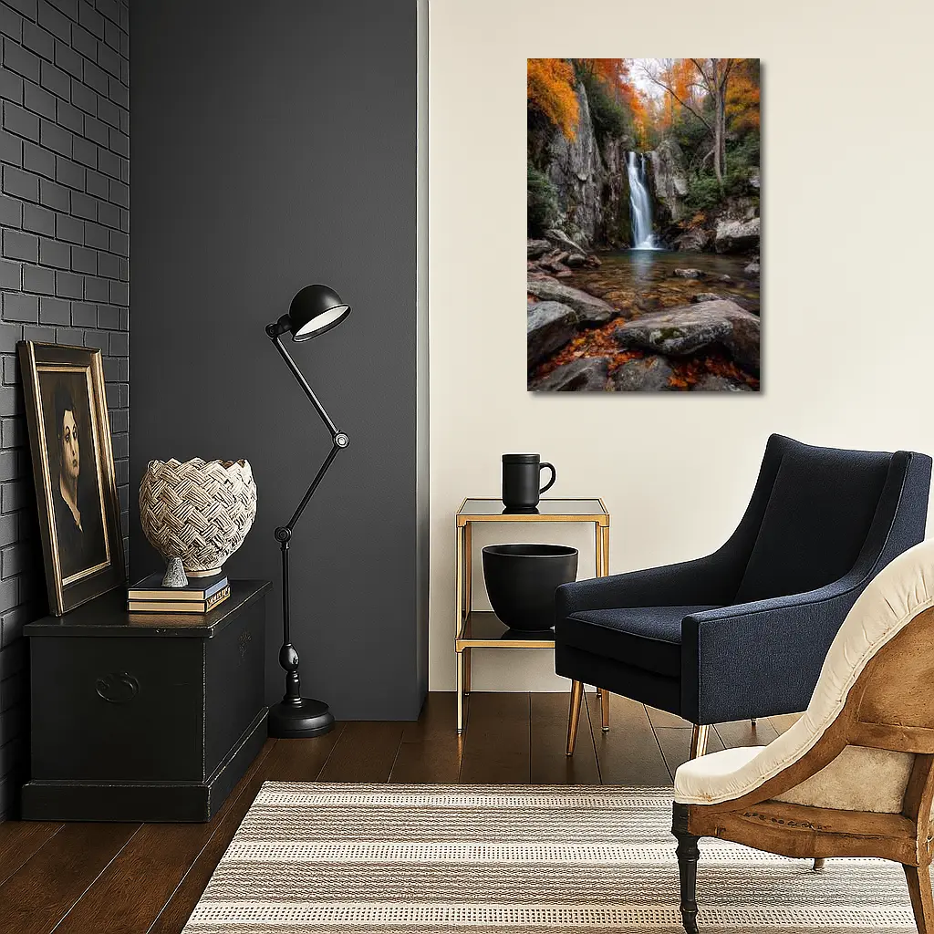 Autumn Waterfall Rocky Forest Seasonal Landscape – Wall Art