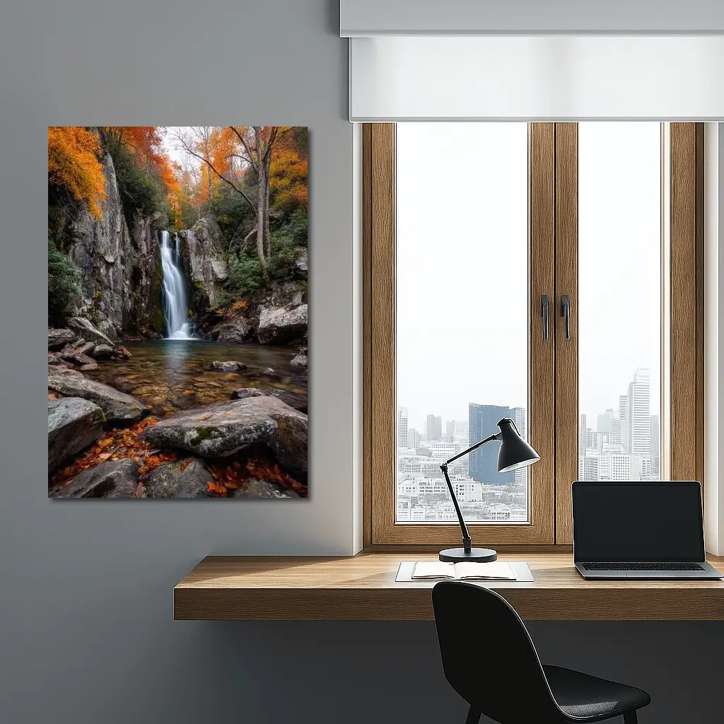 Autumn Waterfall Rocky Forest Seasonal Landscape – Wall Art