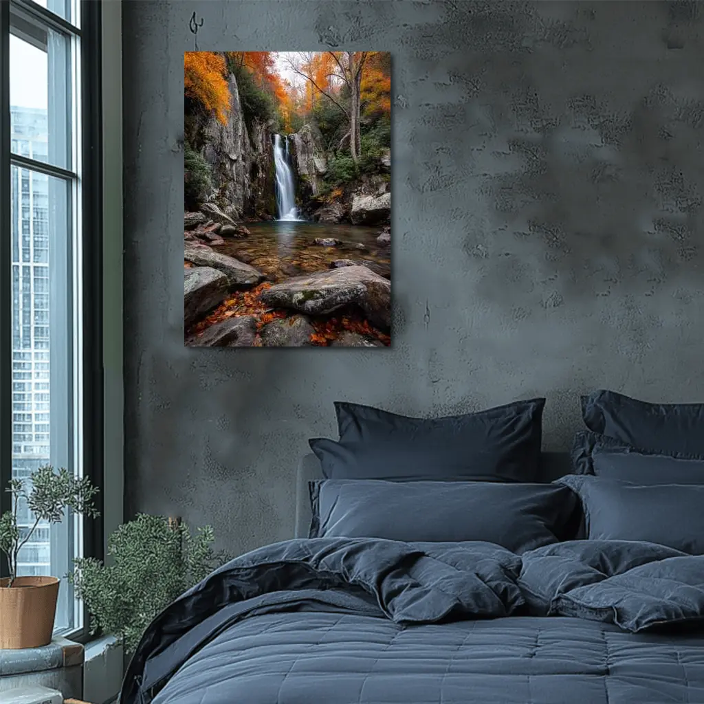 Autumn Waterfall Rocky Forest Seasonal Landscape – Wall Art