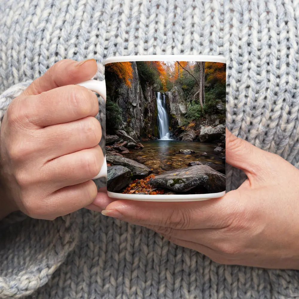 Autumn Waterfall Rocky Forest Seasonal Landscape – Mugs