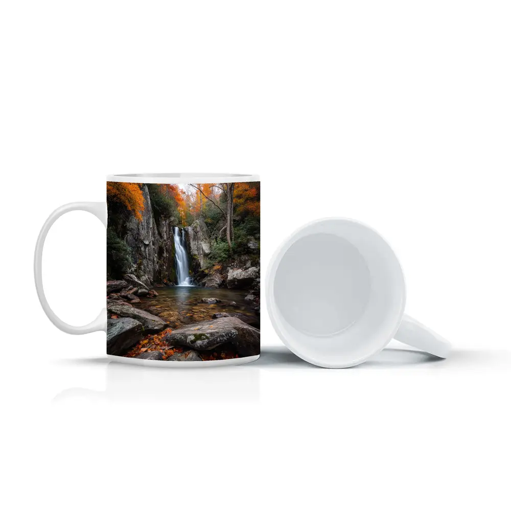 Autumn Waterfall Rocky Forest Seasonal Landscape – Mugs